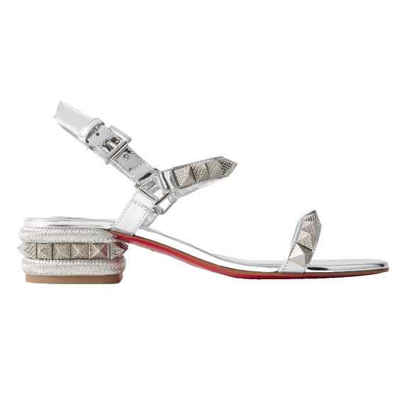 Christian Louboutin Pyrasand 30 Silver Leather Block Heel Ankle Strap Sandal 38